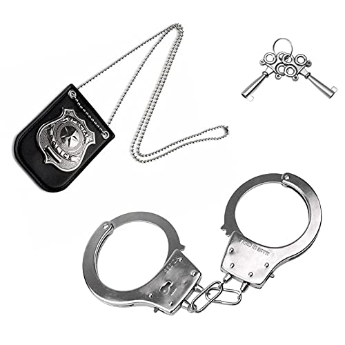Police Badge and Toy Handcuffs, Cosplay Hand Cuffs for Boys Girls Kids, Metal Steel Handcuff, Police Pretend Toys, Cop Pretend Role Play Set for School Classroom, Birthday Stuffers Party Favors Gifts