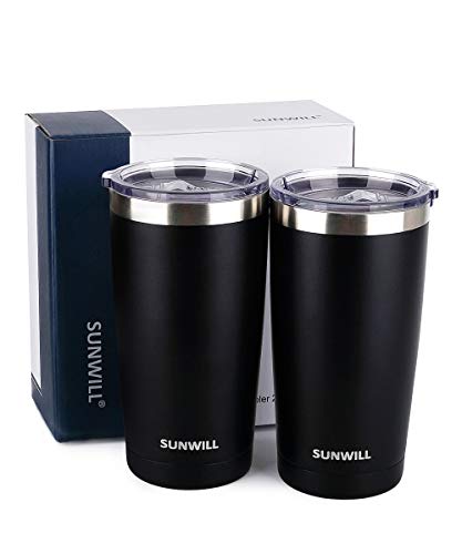 Image of SUNWILL Travel Coffee Mug with Lid, 20 oz Tumbler Set of 2, Insulated Stainless Steel Cup for Water, Tea, Ice, Powder Coated Black 2 pack