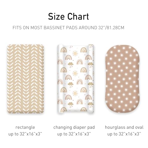 Image of 3 Pack Stretchy Bassinet Sheets for Baby Girl Boy, Soft Breathable Baby Bassinet Mattress Sheets Fit for Hourglass Oval Cradle, Moses Basket Rectangle Mattress (Brown Rainbow)