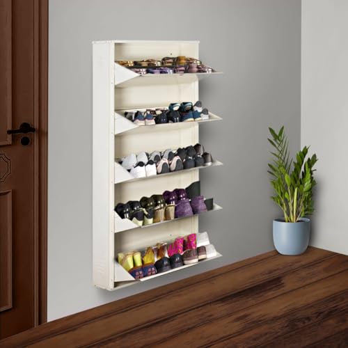Image of DELITE KOM 29 inch Wide, 10 Shelf Metal Shoe Rack Wall Mounted for Home with Central Lock | Holds Upto 36 Shoes or 60 Slippers Pair | Double Decker, 1Yr Warranty, (67x29x8,Ivory), DIY, Space Saver