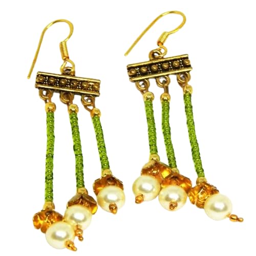 Mehndi Green Glass Seed Beaded with Pearl Earrings