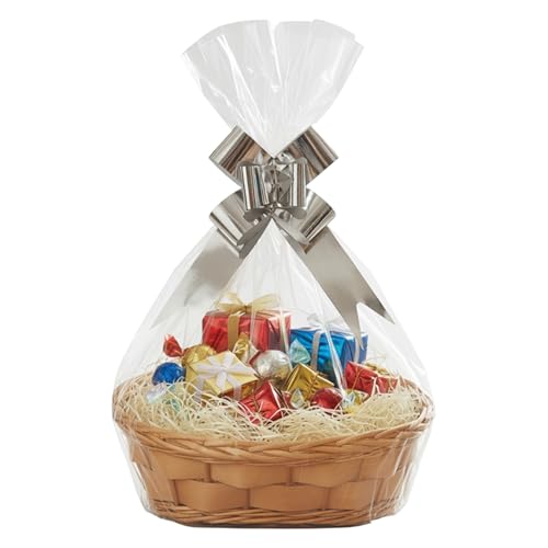 H-Line Christmas Hamper Basket Oval Wicker Gift Basket With Cellophane Wood Shred Bow Set Wicker Gifts Hamper Natural Split Willow Baskets Decorative Empty Gift Basket For Christmas(Oval,Natural)