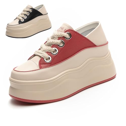 Women's Lace Up Colorblock Fashion Platform Sneakers,Comfortable Round Toe Slip-On Soft Leather Low Top Height Increasing Shoes,Lightweight Casual Everyday Walking Shoes