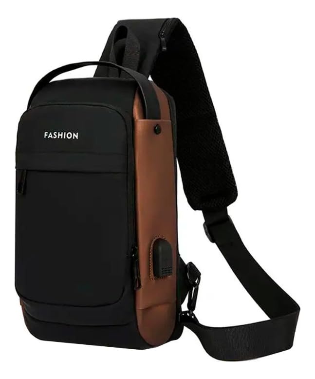 Mochila Pochete Shoulder Bag Tiracolo Transversal Impermeável com Trava de Segurança Senha USB Carregador Anti Furto Impermeavel (Preto com marrom)