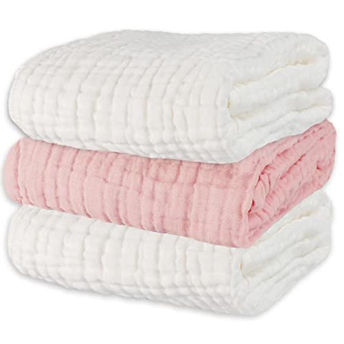 Asung Baby Towels Muslin Bath Towel 3Pack Infant Towels for Newborn Boy Girl 6 Layers Ultra Soft Cotton Toddler Towel for Baby's Delicate Skin 40x 40 Inch (White & Pink)