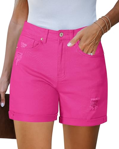 LookbookStore Womens Denim Short Hot Pink High Waisted Stretchy Jeans Shorts Cotton Large