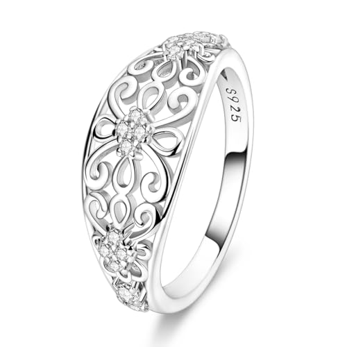 Hapour 925 Sterling Silver Ring for Women, Victorian Leaf Filigree Vintage Ring with CZ Stones Simple Statement Eternity Rings Everyday Unique Wedding Band Size 7