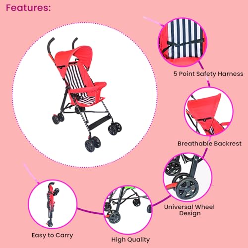 Image of Safe-O-Kid Trekker Safe Pram /Buggy (0-4 Years) with 1 Year Warranty (Model - 2024), Foldable /Portable, Light Weight Stroller for Baby /Kids with Metal Non-Slip Buggy /Pram Clips, Red