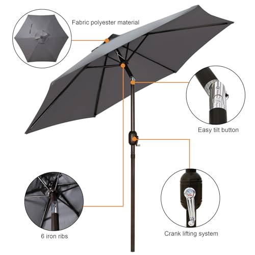 Image of Blissun 7.5 ft Patio Umbrella, Yard Umbrella, Outdoor Market Umbrella with Push Button Tilt Crank, Dark Grey