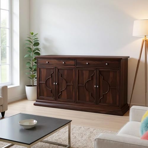 Image of SHIKHA WOOD CRAFT Solid Sheesham Wood Sideboard Cabinet with 4 Doors and 2 Drawers Storage | Wooden Kitchen Cabinet, Crockery Unit, Dining Room Organizer, Living Room Storage Furniture (Walnut Finish)