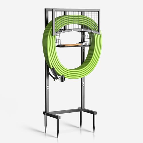MLICAWU Garden Hose Holder Freestanding with Storage Basket, Holds Up to 165FT Hose, Heavy Duty Metal Water Hose Holder with 4 Anchor Spikes, for Yard, Lawn & Patio - image 1