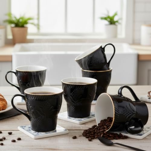 Image of Clay Craft Fine Ceramic Tea Cups Set of 6| 120 Ml Designer Cups with Elegant Texture & Gold Rim | Ideal for Tea Serving| Home| Guests & Gifting