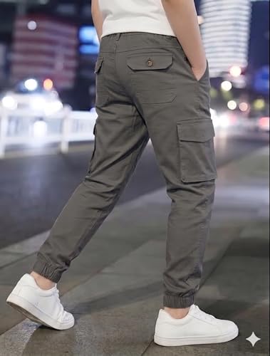 Image of A.T.U.N. (ALL THINGS UBER NICE) Boys Cotton Cargo Pants | Soft Comfortable Casual Wear | Relaxed Fit Trousers with 6 Utility Pockets | Adjustable Waist for Daily Outdoor and Travel Use