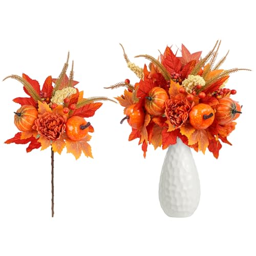 GOLUTYOK Fall Decor, 4PCS Artificial Autumn Pumpkin Berry Flower Maple Plant Stems Picks Vase Decorations, for Home Harvest Holiday Halloween Thanksgiving Table Indoor Decor