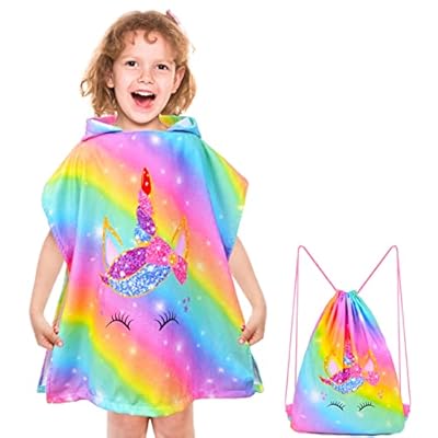 Bath Beach Pool Towel with Hood for Kids Girls, Hooded Towels Swim Poncho Towel Cover-ups for 3-8 Years with Drawstring Bag, Super Absorbent, 24 in x24 in (Rainbow Unicorn)
