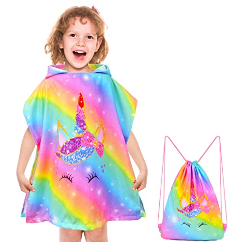 Bath-Beach-Pool-Towel-with-Hood-for-Kids-Girls-Hooded-Towels-Swim-Poncho-Towel-Cover-ups-for-3-8-Years-with-Drawstring-Bag-Super-Absorbent-24-in-x24-in-Rainbow-Unicorn