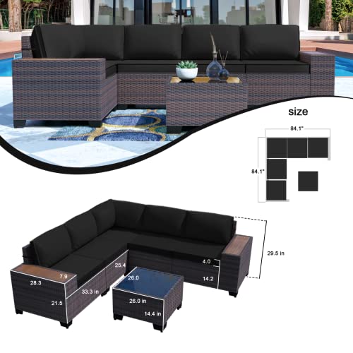 Kullavik Outdoor Patio Furniture Set 6 Pieces Sectional Rattan Sofa New Wooden Armrest Sofa With 5 Chairs,Coffee Table And Black Cushions #TOP4