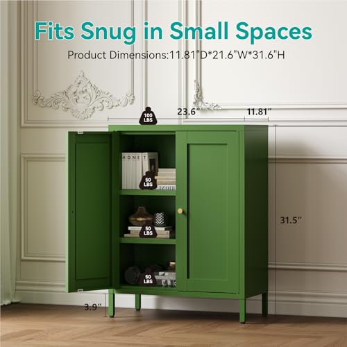 Image of Small Metal Storage Cabinet, 23.6 inch Wide Bathroom Cabinet with 2 Adjustable Shelves, 3-Tier Shaker Sideboard Storage Unit for Entryway Living Room Kitchen,Forest Green