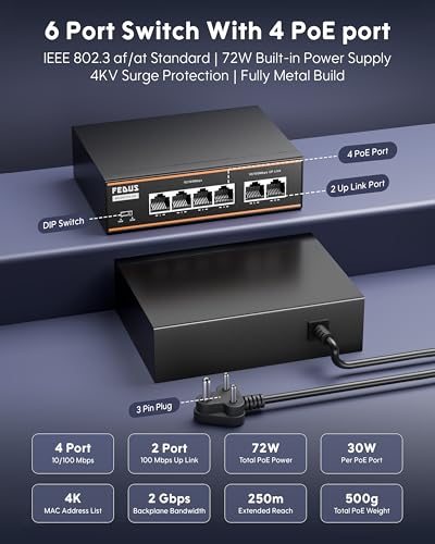 Image of FEDUS NextSwitch-400, 6 Port PoE Switch, 4 PoE Ports (10 /100Mbps) + 2 Uplink, 72W Built-In Power Supply, 250m Extend Mode & VLAN Isolation, Unmanaged Ethernet Network Hub for IP CCTV Camera & NVR,VoIP