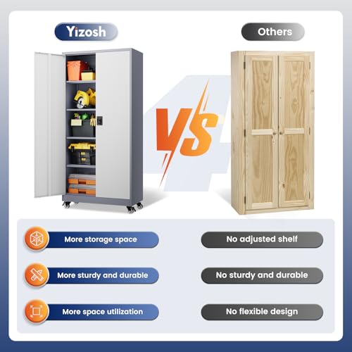 Image of Yizosh Metal Garage Storage Cabinet with Locking Doors and Adjustable Shelves,- 75 inch Rolling Steel Tool Cabinet for Home Office,Garage,Warehouse
