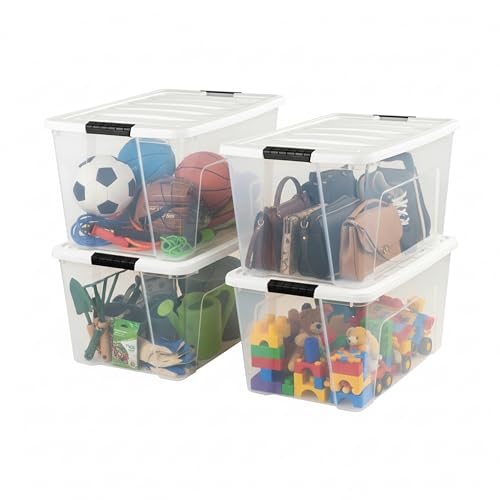 Image of IRIS USA 72 Qt Stackable Plastic Storage Bins with Lids, 4 Pack - BPA-Free, Made in USA - See-Through Organizing Solution, Latches, Durable Nestable Containers, Secure Pull Handle - Clear /White