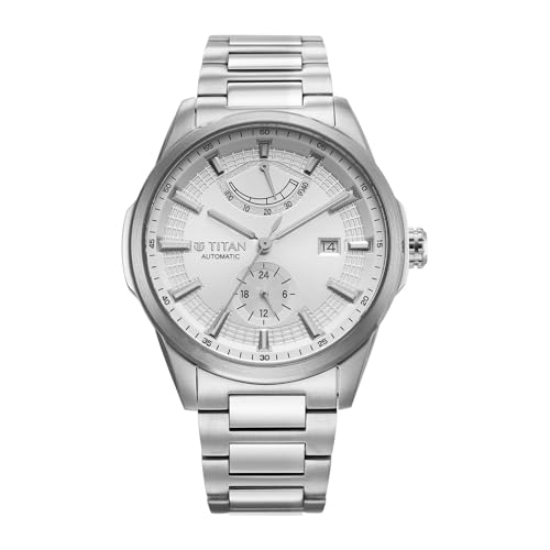 Image of Titan Aion Concealed Automatic Analog with Power Reserve Indicator and White Dial Silver Stainless Steel Strap Watch for Men - 90224SM01