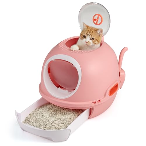 COSTWAY Katzenklo mit Deckel, Katzentoilette mit ausziehbarem Tablett, Schaufel & Frontöffnung, geschlossen, Hubschrauber-Design, für kleine bis mittelgroße Katzen bis 10 kg, PP, pflegeleicht (Pink)
