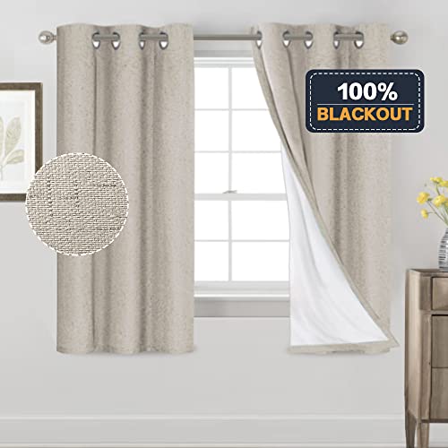 Image of PrinceDeco Linen Texture Curtains 100% Blackout Curtains 64 inch Long 2 Panels Set Noise Reducing Window Treatment Drapes for Nursery Bedroom Thermal Insulated with White Liner,42 X 64 In, Cobblestone