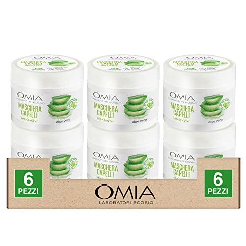 Omia Laboratori Ecobio Maschera Capelli Idratante con Aloe Vera del Salento per Capelli Secchi e Crespi Azione Rimpolpante Dona Morbidezza e Luminosità Maschera Bio Certificata - 6 Barattoli da 250ml