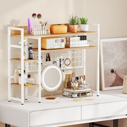 Image of Tangkula Desktop Bookshelf for Computer Monitor Up to 32 inch, Countertop Storage Hutch with 4 Open Storage Shelves, Grid Panel, Anti-tip Device, 4-Tier Desktop Display Shelves for Home Office (Natural)
