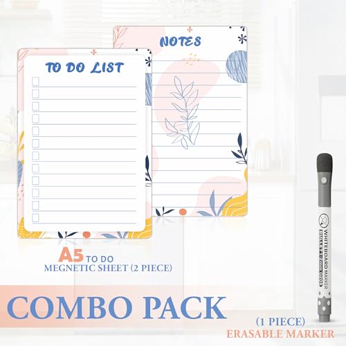 Image of Magnetic to Do List & Notes Board Combo Pack (A5 Size, 2 Sheets + 1 Marker) | Reusable Dry Erase Magnetic Fridge Planner | Checklist Memo Board for Kitchen, Office & Study