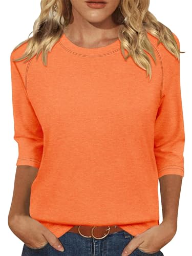 KISSMODA Tunic Tops for Women Loose Fit Dressy Round Neck Pleated 3/4 Length Sleeve Spring Tops