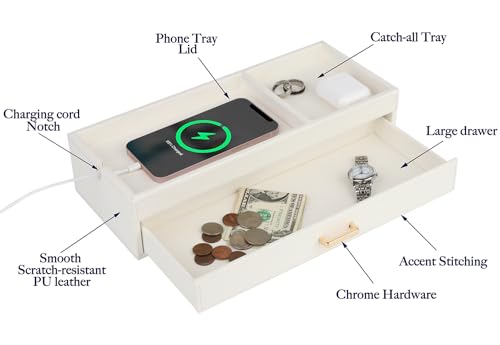 HofferRuffer Valet Jewelry Tray Organizer with Drawer, Faux Leather Storage Catchall Box Phone Charging Station Tray with Dresser Nightstand Desktop Drawer Organizer (White)
