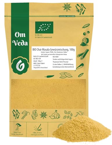 BIO Chai-Masala Gewürzmischung 100g | Premium Bio Tee Gewürz für Latte, Milchtee, Eistee | Koffeinfrei, vegan, glutenfrei, ohne Zusatzstoffe | Tee selber machen mit Gewürzen | OmVeda Gewürze