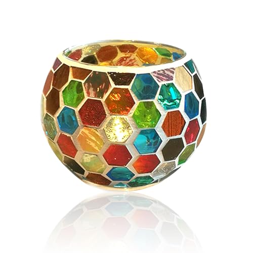 Mosaic Glass Tea Light Holders Romantic Stained Votive Candle Holder, MIATTCLD Round Handmade Tealight Candle Holder for Table Centerpieces, Christmas, Valentine, Birthday Party, Home Decor (M)