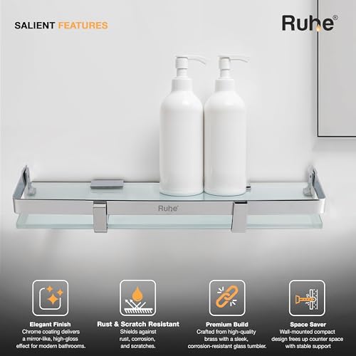 Image of Ruhe Premium Vetra Bathroom Glass Shelf | Multipurpose Wall Mounted Shelves Rack for Kitchen /Living Room - Bathroom Accessories 16 x 5 inches (Chrome Finish)