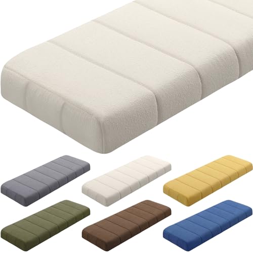 Wenqik Bench Cushion 48x18x4 Inch for Indoor Furniture Velvet Kitchen Dining Bay Window Seat Cushion Waterproof Tufted Thicken Bench Pad Anti Cat Scratch Non Slip for Outdoor Patio Porch Swing, Beige
