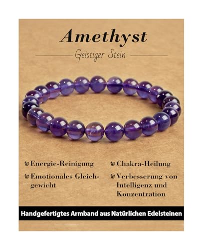 Landorilo Echte Naturstein Perlen Armband, Damen Herren Verträumt Amethyst Perlenarmband, 8MM Runde Edelsteine Yoga Chakren Armbänder, Geburtstag Valentinstag Geschenke
