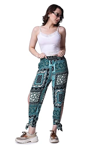 Image of POPWINGS Casual Boho Printed Side Long Slit Trousers for Women || Summer Wear Comfortable Pull-On Women Trousers || Western Relax-Fit Slit Trousers || Stylish Women Casual Trousers