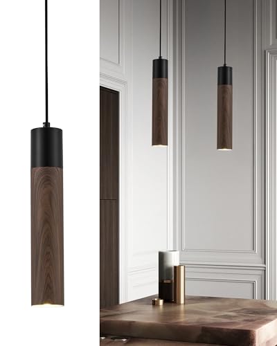 ELYONA Modern Bauhaus Pendant Light Fixtures, Walnut Wood Grain & Matte Black Metal, Industrial...