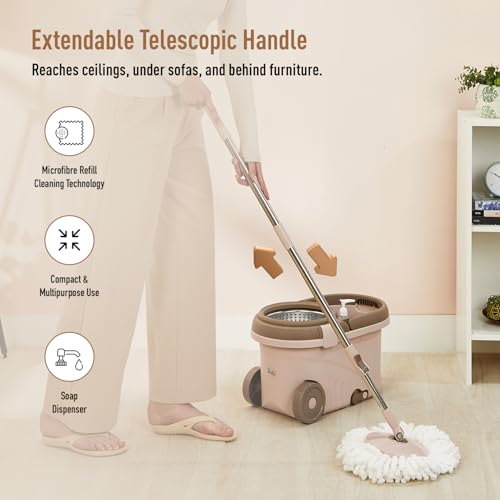 Image of Amazon Brand - Presto! Clean Steel Spin Mop | Plastic & Stainless Steel | 2 Microfiber Refills | Big Wheels with Drag Handle | 360 Spin | Telescopic Handle | Chestnut