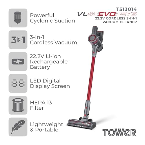 Tower T513014 VL40 EVO PET Pro 3-in-1 Cordless Vacuum Cleaner with Cyclonic Suction, Turbo Pet and Upholstery Brush, Handheld Function, 1L Capacity, 22.2V, Red - Image 2