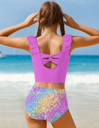 Image of Girls Tankini Swimsuit 2 Piece Bathing Suit Twist Cross Back Cutout Swim Tank Top Floral Print Swimwear for 7-18Y