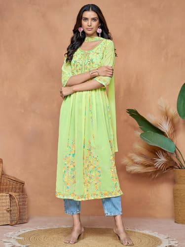 Image of EthnicJunction Women's Georgette Embroidered and Sequence Work Naira Cut Kurta and Dupatta Set