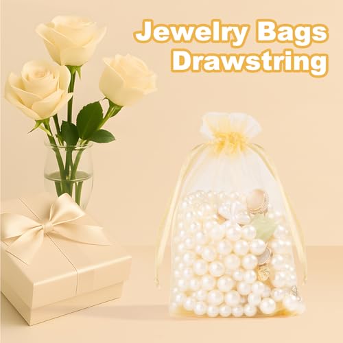 Crweety 50 Pcs 5x7 Inch Gold Organza Bags, Small Mesh Gift Bags Drawtring for Wedding Favor Bridal Shower Party Favor, Luxury Jewelry Pouches for Holiday & Christmas Gift Wrap
