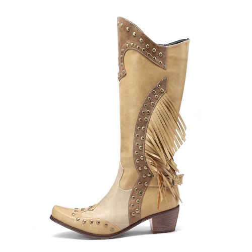 Women's Western Fringe Cowboy Boots for Women Knee High Pointed Toe Studded Fashion Cowgirl Boots for Girls with Zipper2