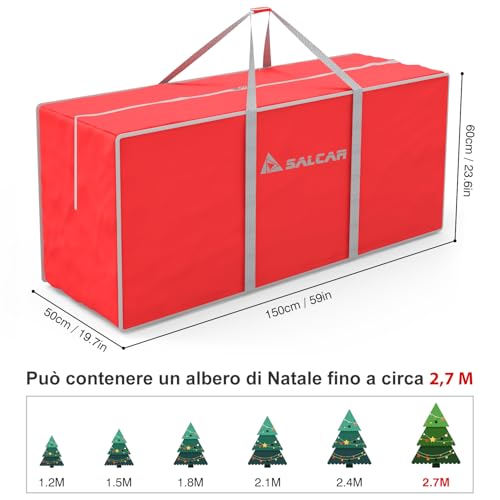 SALCAR Borsa per Albero di Natale, Taglia Extra Large per Alberi Alti Fino a 2,7 m, Sacco con Cerniera Robusta, Impermeabile, Antipolvere, Resistente e Pieghevole, con Manico - Rosso