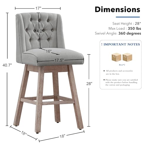 Image of Counter Height Bar Stools Set of 3, 360Swivel Bar Stools with Back and Wood Legs, 28 inch Morden Linen Fabric Upholstered Barstools for Kitchen Island Dining Room Bar