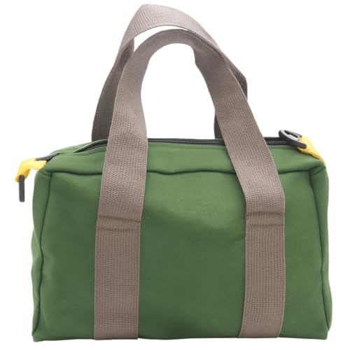 a green heavy-duty canvas tool tote bag with a wide mouth opening