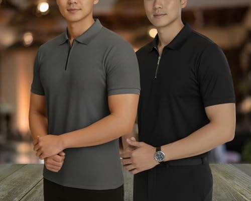 Image of MACK JONNEY Men's Cotton Self Design Polo T-Shirts | Front Half Zipper | Pack of 2 | Multicolour